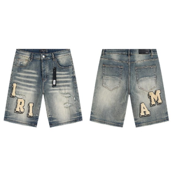 Light Blue Denim Shorts with Beige AMIRI Logo